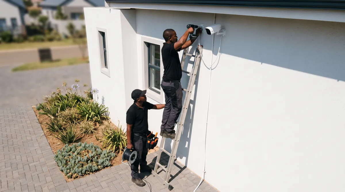 Alarm Systems South Africa - two technicians in black uniforms mounting outdoor security equipment on the wall of a white South African home, one on a ladder with a drill and one holding a cable reel Alarm Systems South Africa - two technicians in black uniforms mounting outdoor security equipment on the wall of a white South African home, one on a ladder with a drill and one holding a cable reel